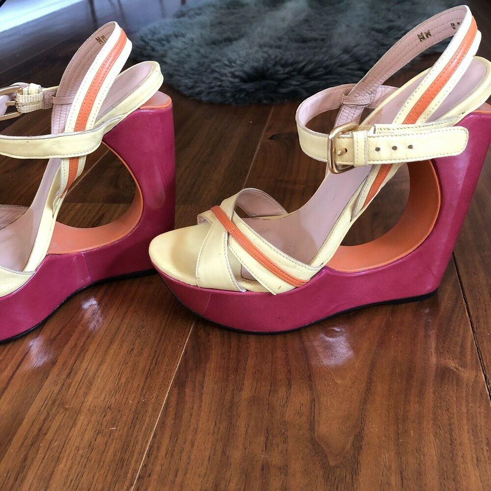 Stuart Weitzman Cut-Out Pink Yellow Color Block Wedge Platform Sandals 7.5M - Picture 5 of 11